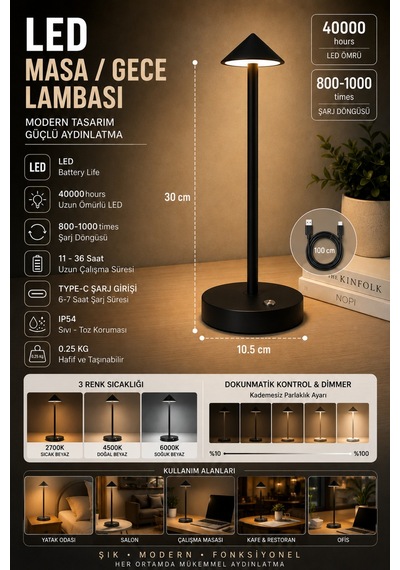 Şarjlı Usb'li Led'li Siyah Gece Lambası 3 Farklı Işık Modlu Dokunmatik Dimmerli Dekoratif Metal Masa Lambası