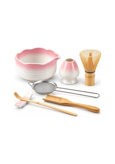 Valkyrie 7 Parça Matcha Seti Chasen Çırpıcı Chawan Kase Chashaku Kaşık Süzgeç Ve Stand Pembe