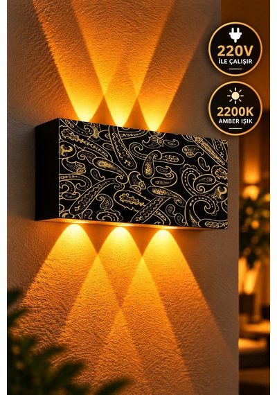 Siyah Gold Etnik Desenli 12w 2200k Amber Işıklı 3 Gözlü Yukarı Aşağı Dekoratif Duvar Apliği 16 Cm Amber Işık