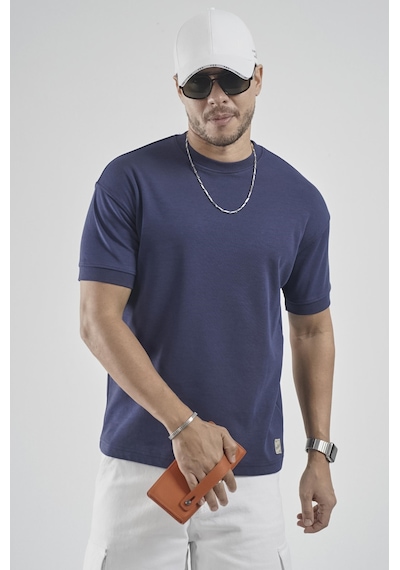 King Brich Slim Fit Kalıp Kolu Ribanalı Basic %100 Pamuklu Tişört Lacivert