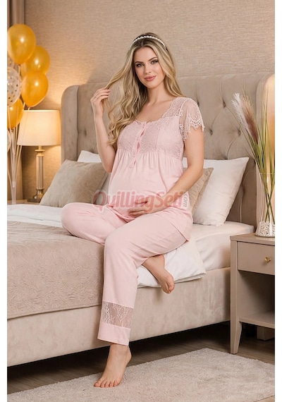 Lady Pembe Renkli, Derin Patlı, Dantel Detaylı 33002 Sabahlıklı 3lü Lohusa Hamile Pijama Takımı Açık Pembe