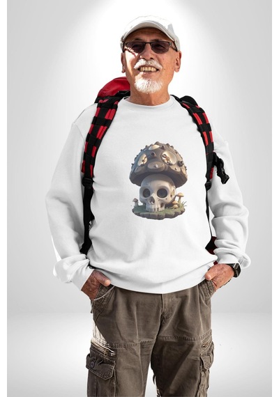 Kurukafa Mantar Ev Unisex Beyaz Baskılı Sweatshirt Beyaz