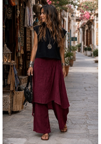 Bohem Stil İtalyan Ham Keten Pantolon Etek Bordo