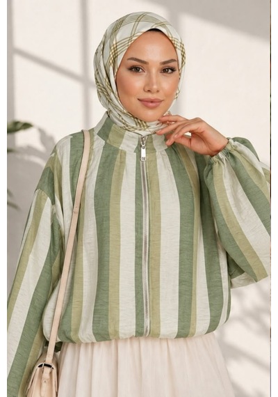 Hb Harma Time Butik Kadın Fermuarlı Modal Kumaş Ahenk Haki Ceket