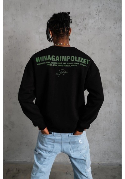 Erkek Oversize Sweatshirt Ön Ve Sırt Baskılı 3 İplik Pamuklu - Siyah