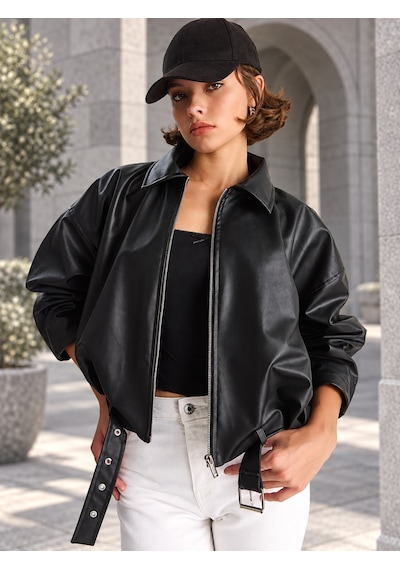 Unika Boutique Kadın Siyah Kemer Detaylı Fermuarlı Oversize Suni Deri Ceket Çok Renkli