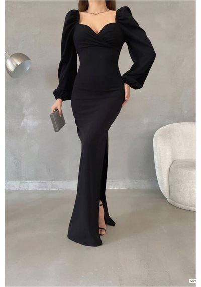 DefyModa Kadın Zarif Stil Krep Kumaş Kalp Yaka Yırtmaçlı Maxi Abiye Elbise Siyah