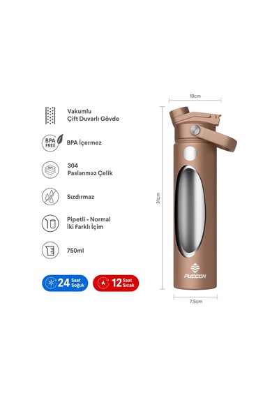Puccon 750 Ml Kahverengi Paslanmaz Çelik Termos/matara/suluk