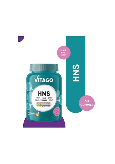 Vitago Hns Hair Nail Skin Biotin, Folik Asit, Vitamin E Ve Hidrolize Keratin İçeren 60 Adet Çiğnenebilir Gummies Form Takviye Edici Gıda