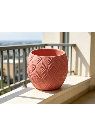 3d Baskı Yapraklı Desenli Yuvarlak Saksı Tepsili Süzdürmeli Bitki Saksısı 15 Cm Dekoratif Çiçek - Kırmızı Diğer