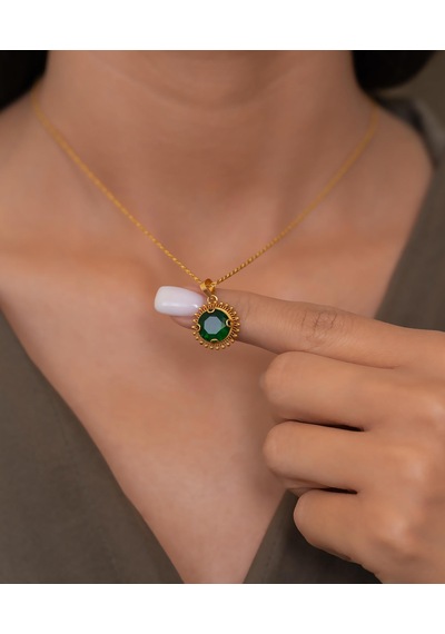 Bayar Gold 14 Ayar Altın Yeşil Güneş Taşlı Kolye Sarı Altın