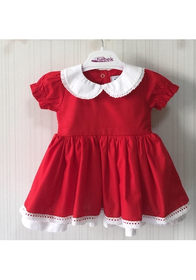 Bebe Yaka Dantel Detaylı Kırmızı Poplin Kız Çocuk Bebek Bayram Özel Gün Elbise 001