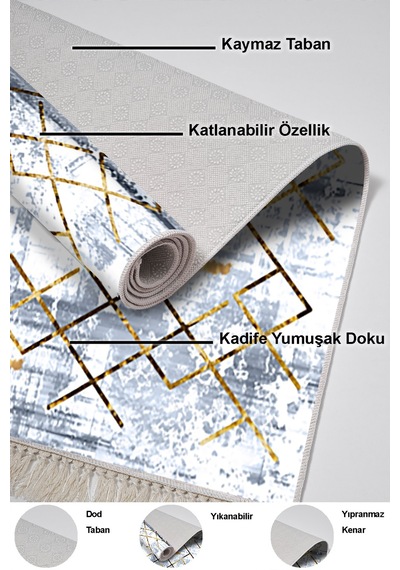 Dekoreko Kaymaz Taban Djt Salon Halısı Trend Saçaklı Modern M5026 Mavi