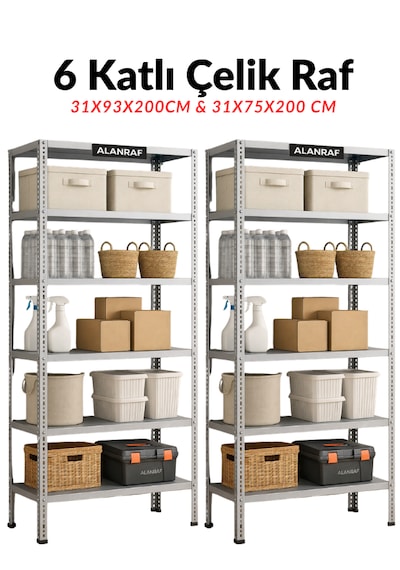 Çelik Raf 6 Katlı 2'li 31x75x200 & 31x93x200cm Raf Sistemi, Depo Rafı, Arşiv Rafı, Kiler Rafı, Çok Amaçlı Raf Galvaniz