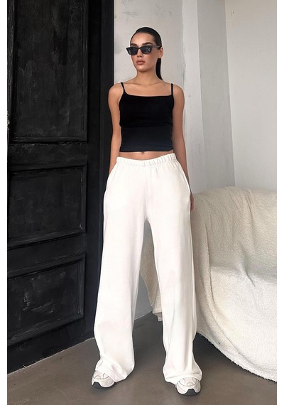Madmext Beyaz Bol Paça Kadın Eşofman Altı Mg2279 Beyaz