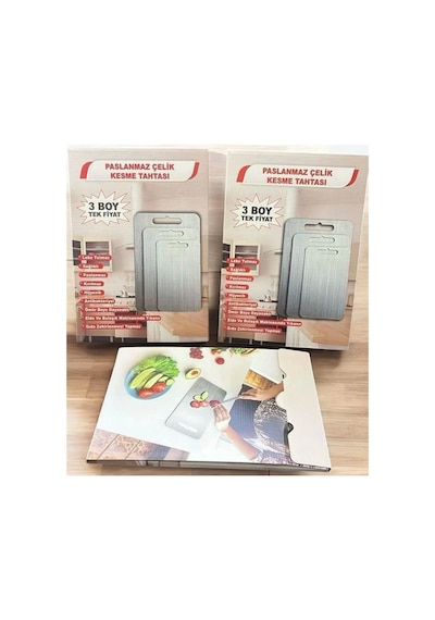 3'lü Paslanmaz Çelik Kesme Tahtası Seti Gıda Temasına Uygun 34x23 29x19 24x15 Çok Renkli