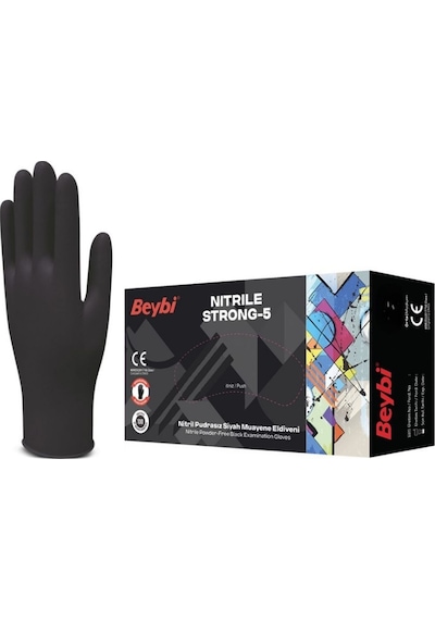 Nitril Strong-5 Eldiven, Siyah, Pudrasız Muayene Eldiveni, L Beden, 1p 100 Adet