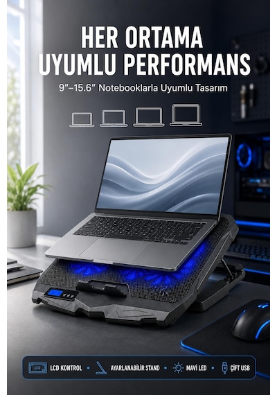 Fury E-sport Laptop Soğutucu 4 Fanlı Lcd Kontrol Panel Ayarlanabilir Dizüstü Bilgisayar Soğutma Fanı