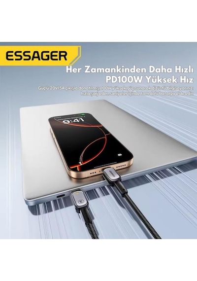 Essager E-marker Çipli Led Işıklı 1 Metre 100w Usb-c To Usb-c Şarj Kablosu Pd100w Type C Şarj Kablosu Desen - Ben10