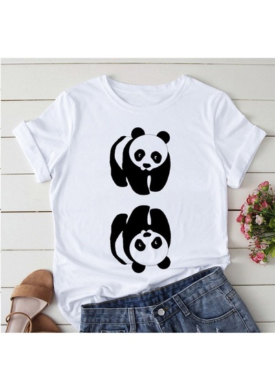 Noıssey Kırmızı Etiket Galashop Panda Yoga Baskı Sevimli Kadın T-shirt Mod67 17772 Beyaz