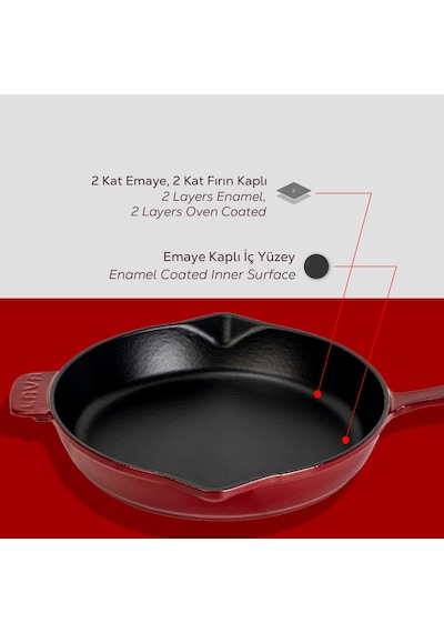 Lava Döküm Yuvarlak Kızartma Tavası Döküm Demir Yekpare Saplı. Çap Ø 28cm-bordo Bordo