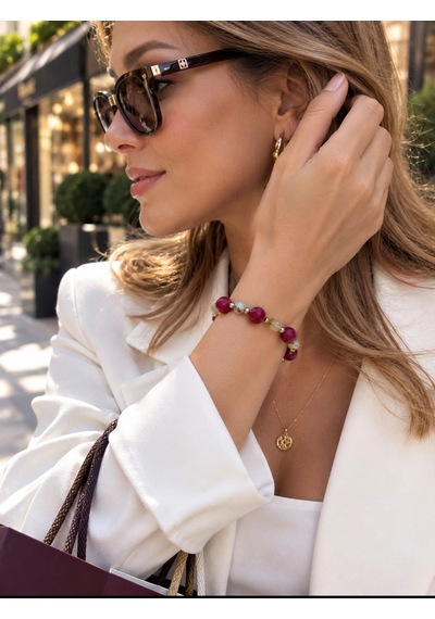 Granat Ve Sarı Akik Doğaltaş Handmade Bileklik Bordo