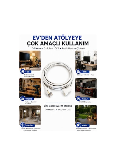 Viko Seyyar Uzatma Kablosu 30 Metre 3x2.5 Mm Cca Kablo Viko Erkek Dişi Fiş Klemensli Terminalli Topraklı Tse Ce Belgeli 30 M