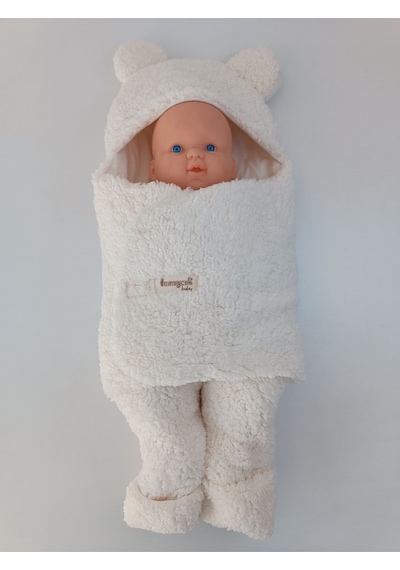 Bebek Dış Kundak Battaniyesi Welsoft Ekstra Uzun Kışlık Peluş Ayakları Açılabilen Uyku Tulumu 0-12ay Ekru