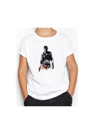 Zepplin Giyim Uncharted 4 Nathan Drake Siluet Beyaz Çocuk Tişört Beyaz
