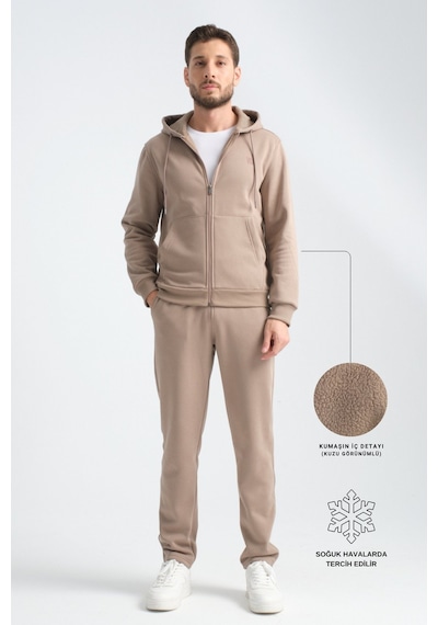 Shooter Sportswear Erkek Kışlık Eşofman Takımı Thermosoft Teknolojisi İçi Kuzu Görünümlü Regular Kalıp Minimal Logo Kapüşonlu Vizon