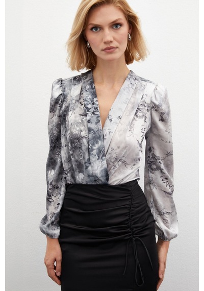 Sateen Çiçek Desenli Bodysuit Bluz - Gri Gri