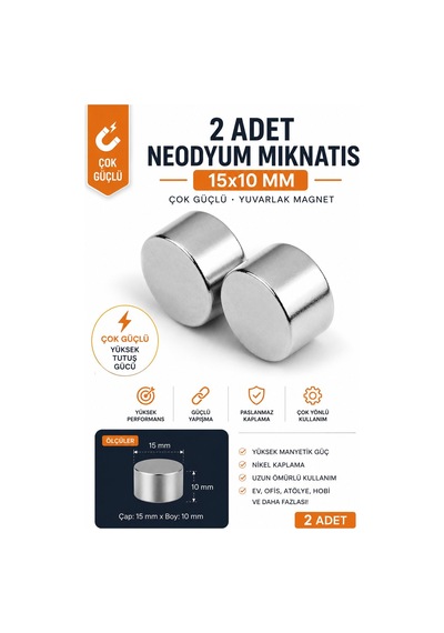2 Adet 15x10 Mm Yuvarlak Neodyum Mıknatıs , Çok Güçlü Magnet, Çap: 15 Mm X Boy: 10 Mm
