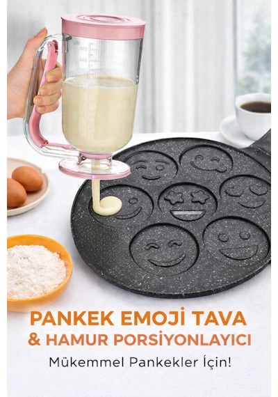 Döküm Emoji Pankek Tavası Ve Pembe Hamur Porsiyonlayıcı Seti Şekilli Pankek & Krep Tavası Siyah