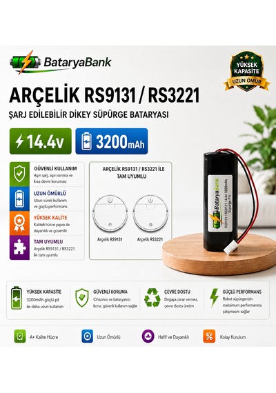 Bataryabank Arçelik Rs9131 / Rs3221 Uyumlu 14.4v 3200mah Şarj Edilebilir Dikey Süpürge Bataryası