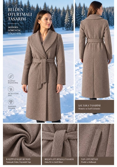 Moda Banuş Kadın Kuşaklı Cepli Yırtmaçlı Astarlı Kaşe Kaban Kırçıllı Kahve Ekru
