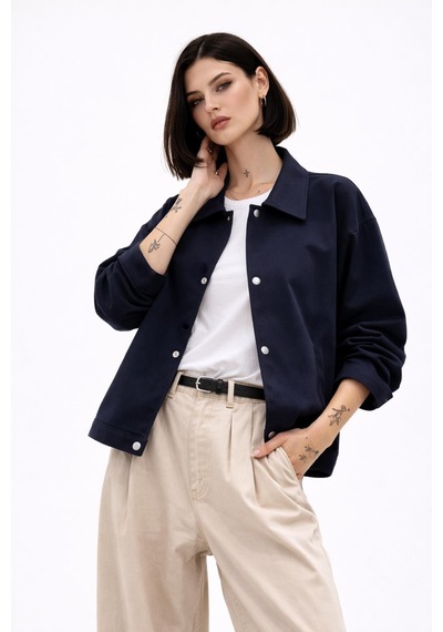 Kadın Oversize Basic Gabardin Mevsimlik Polo Yaka Ceket-385 Lacivert