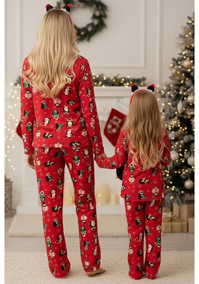 Siyah İnci %100 Pamuklu Puanlı Şeker Baston Desenli Yılbaşı Temalı Örme Pijama Takım Kırmızı Penguen