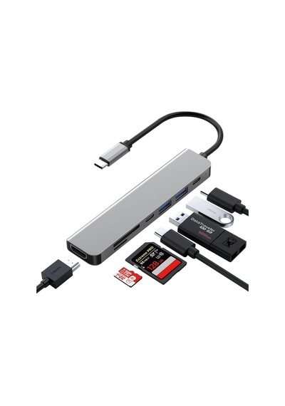 Ayrex C Çoklayıcı Hdmı Ethernet Sd Tf Kart Usb 3.0 2.0 Bağlantı Noktaları 100w Pd Şarj Gümüş
