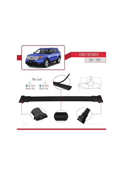 Ford Explorer 2011-2015 Arası İle Uyumlu Fly Model Ara Atkı Tavan Barı Siyah 4 Adet Bar