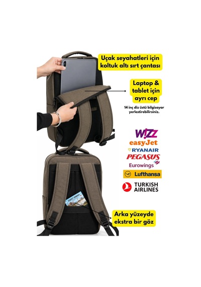 Jet Turtle Seyahat Sırt Çantası 40cm 40x25x15 Cm Pegasus, Wizz Air, Ryanair, El Valizi Koltuk Altı Valizi Açık Haki Kanvas