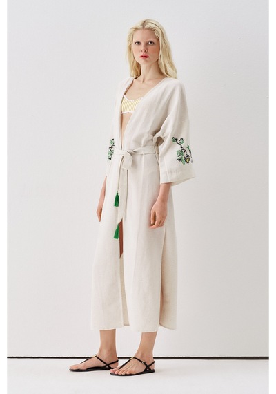 Sagaza Studio Ss6186 Keten Bağlamalı Kimono Yesıl