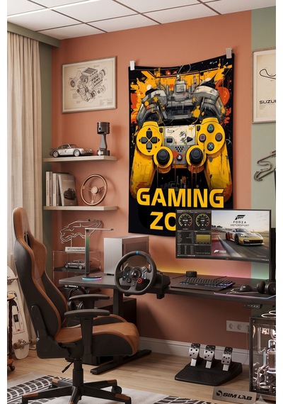 Gaming Zone Duvar Örtüsü, Oyuncu Odası Dekoru, Gamer Baskılı Kumaş Duvar Halısı Beyaz