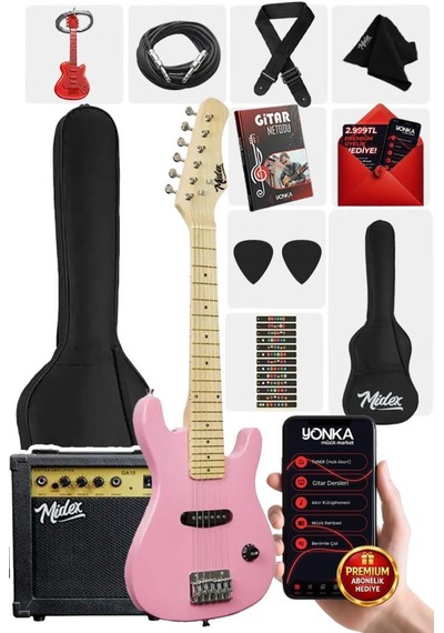 Midex Ceg-30pk 4-6 Yaş Çocuklar İçin Amfili Full 1/4 30 İnç Elektro Gitar Seti Pembe