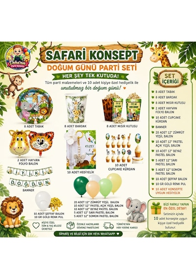 Safari Konsept Doğum Günü Parti Seti 8 Kişilik 10 Adet Kişiye Özel Hediyelikli Parti Malzemeleri Seti Çok Renkli