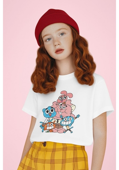 Sevbano Gumball Karakterler Baskılı Unisex Çizgi Film Çocuk Tişört 1-12 Beyaz