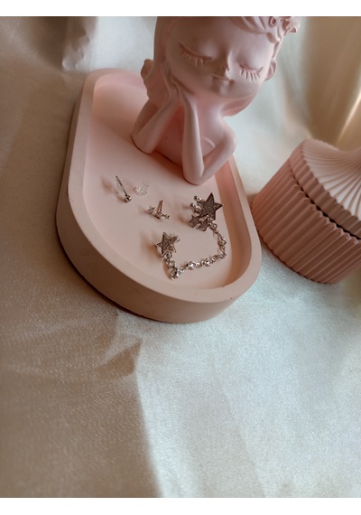 Gümüş Renkli Yıldızlı Kıkırdak Küpe Set