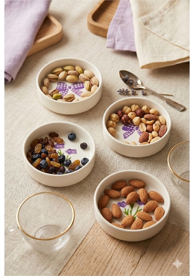 Lila Gift 4 Lü Seramik Kase Seti 10 Cm Çiçek Desenli Çerezlik Ve Sosluk Beyaz