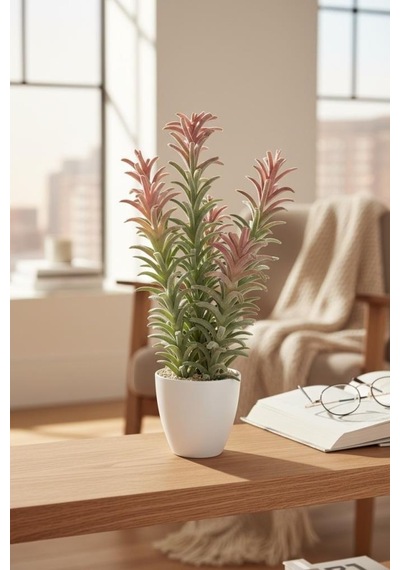 Yapay Kaktüs Ağacı Pembe Yeşil Renk - Beyaz Saksıda Yapay Bitki 70 35cm