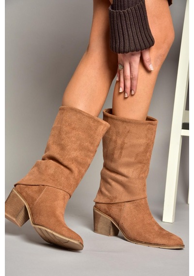 Fox Shoes T936042502 Taba Kalın Alçak Topuklu Kadın Bot Taba-Süet Taba