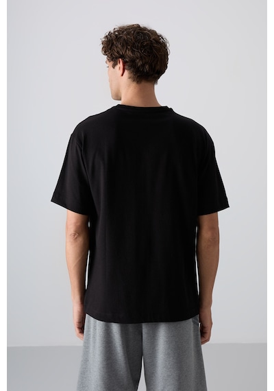Tommy Life Siyah Pamuklu Kalın Yumuşak Dokulu Oversize Fit Baskılı Erkek T-shirt - 88328 001